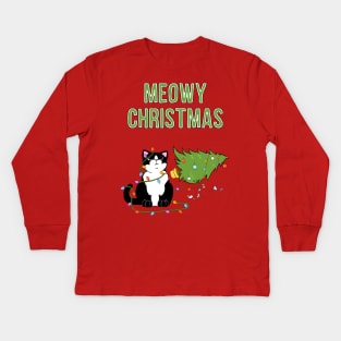 Meowy Christmas Tuxedo Cat Knocked Over Tree Kids Long Sleeve T-Shirt